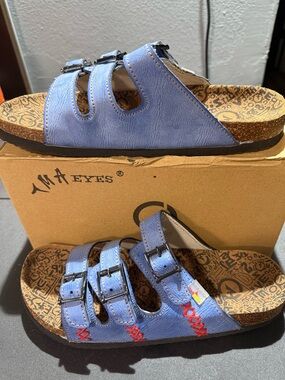 TMA Eyes-Women’s Blue Retro Multi-Buckle Slides Adjustable Leather Straps